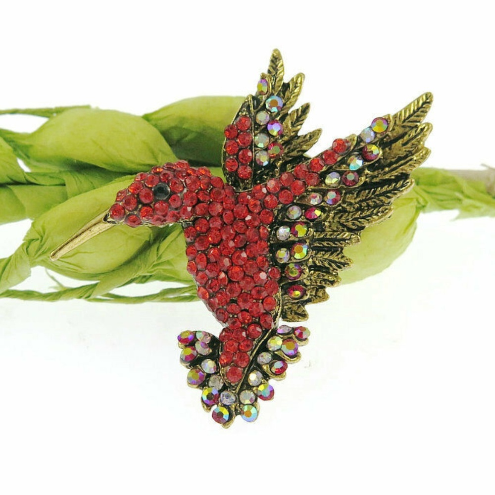 Gorgeous Red Crystal Hummingbird Brooch.